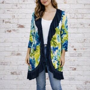 FP2 Anthropologie Linen underwater seahorse open cardigan Size Medium Ruffle